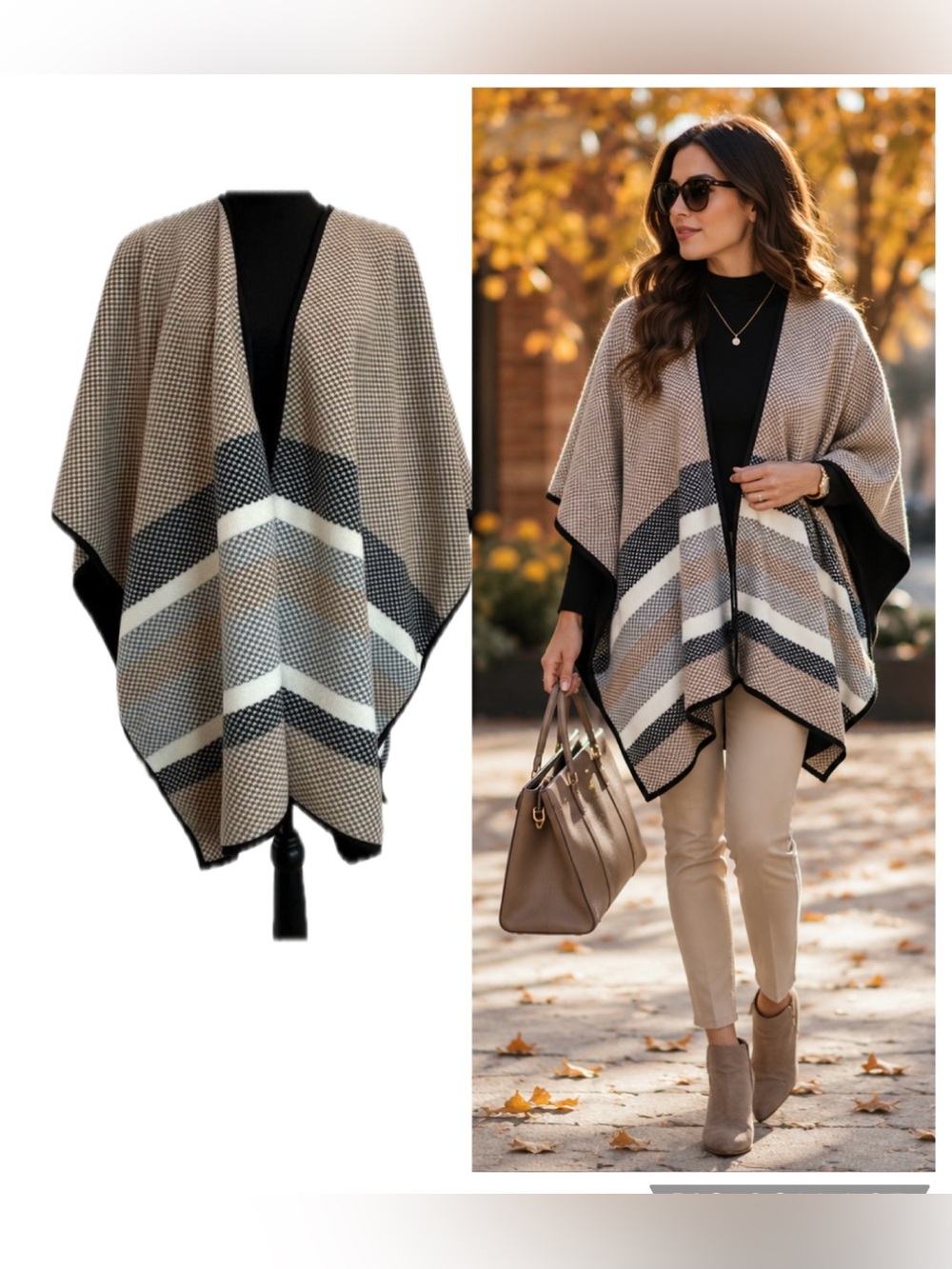 Nicole Miller Brown Gray White Striped Poncho Shawl Cape Wrap One Size Fall